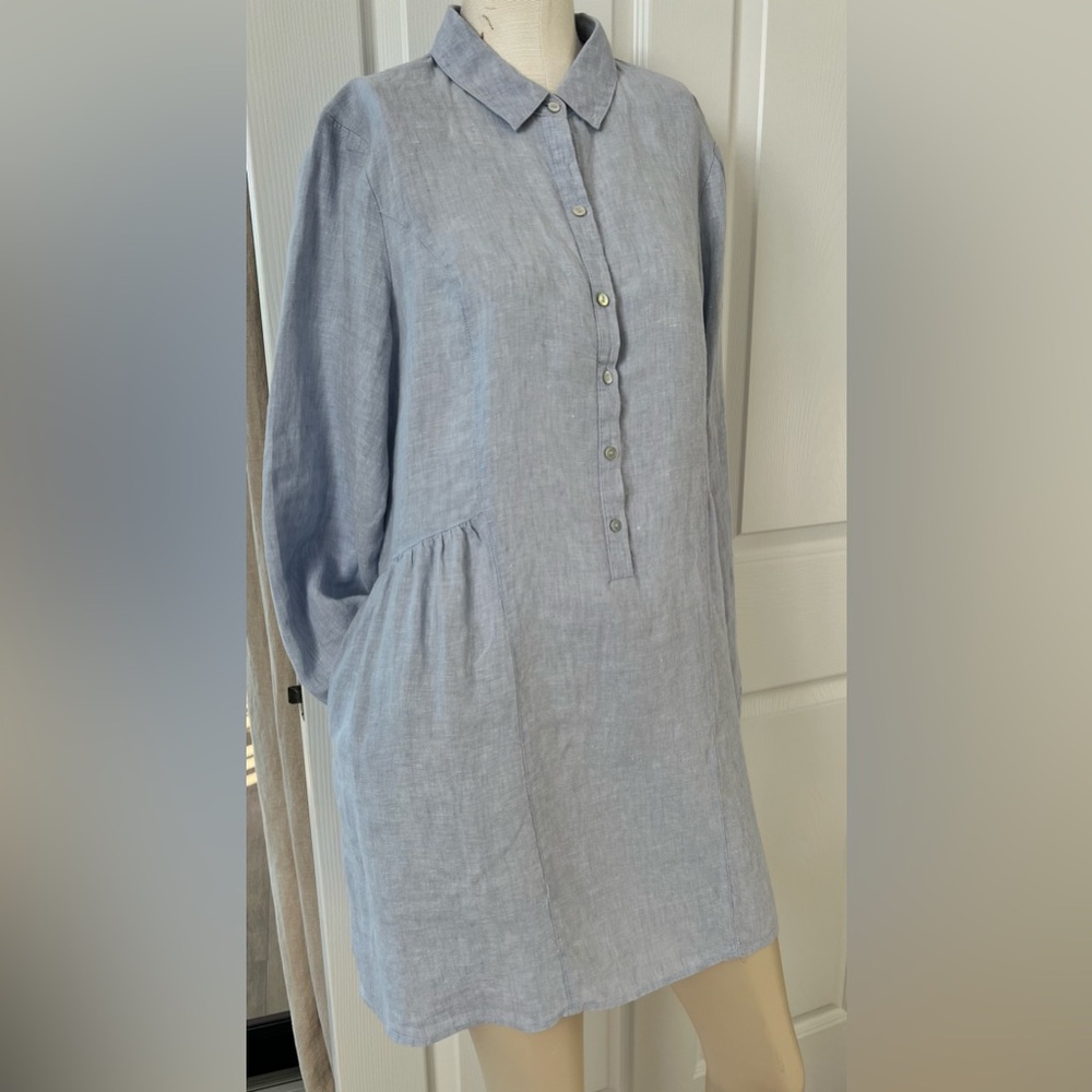 Halston 100% Linen Long-Sleeved Hi-Lo Mini Button-Up Dress Sz L - Picture 3 of 10